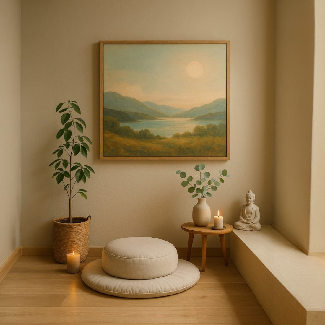 Serene healing space with pastel landscape painting, meditation cushion, candles, and plants, showcasing emotional wall art trends for 2025