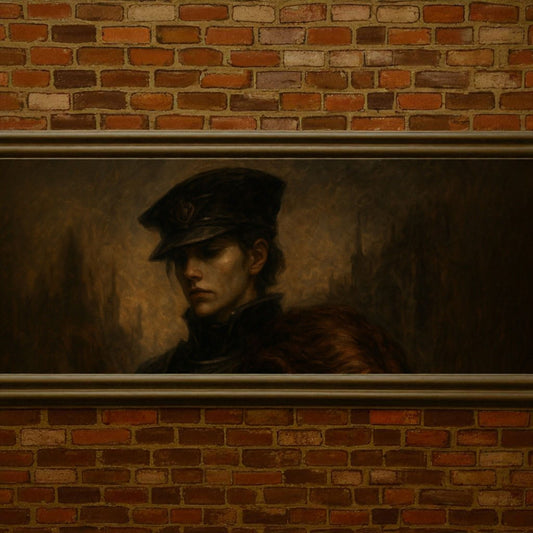 Portrait of a solemn soldier in a cap, framed on a brick wall, evoking themes of duty and loss.