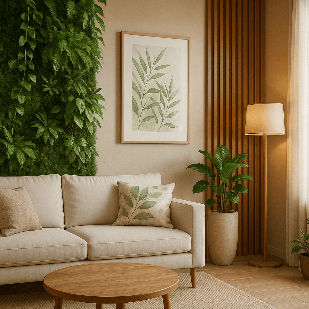 Modern living room with lush vertical plant wall, natural wood accents, and neutral furniture, showcasing biophilic wall decor trends 2025