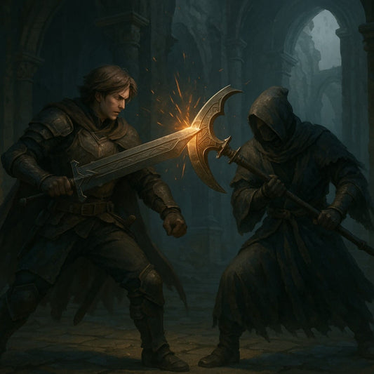 Cinematic battle in Expedition 33 showing ritual weapon clash inside a ruined temple, symbolizing sacrifice and survival