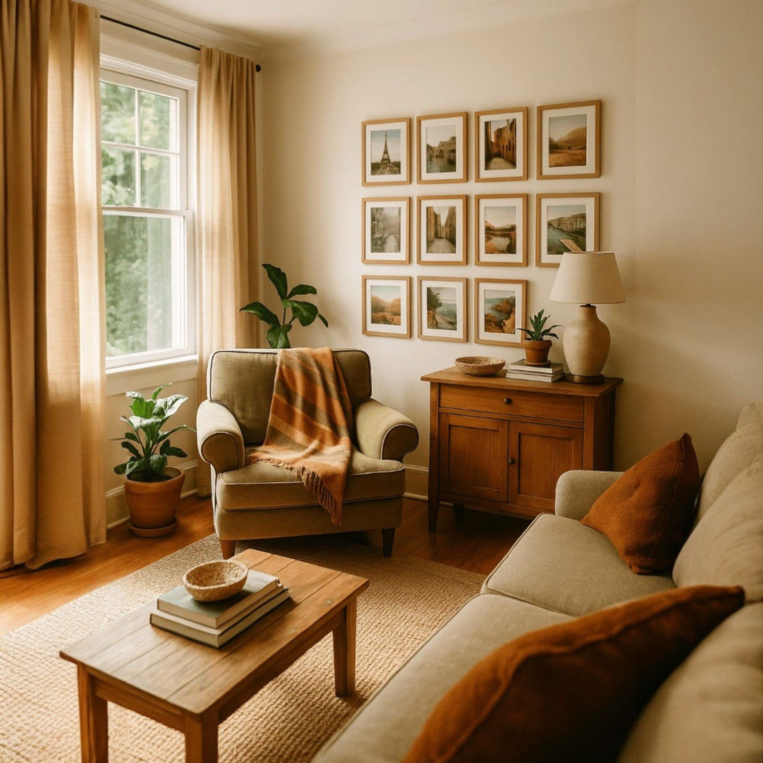 Living room with vintage armchair, framed travel photos, and warm natural light