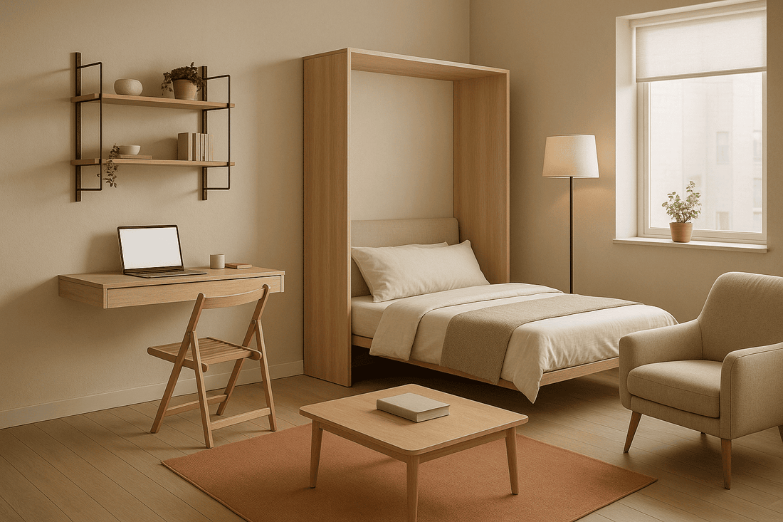 Modern micro-apartment with multifunctional furniture, neutral palette and smart storage solutions, 2025 interior design trend