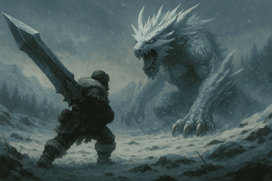 A hunter faces a massive ice monster wielding a large sword in a snowy landscape, showcasing epic battle themes.