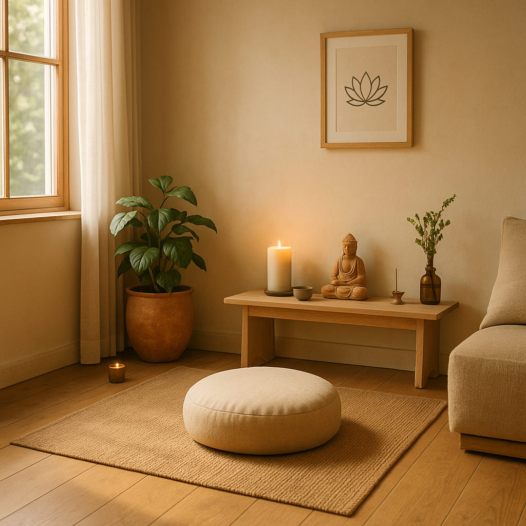 Serene home meditation corner with cushion, Buddha statue, candles, and plants, designed for ritual spaces and mental clarity in 2025