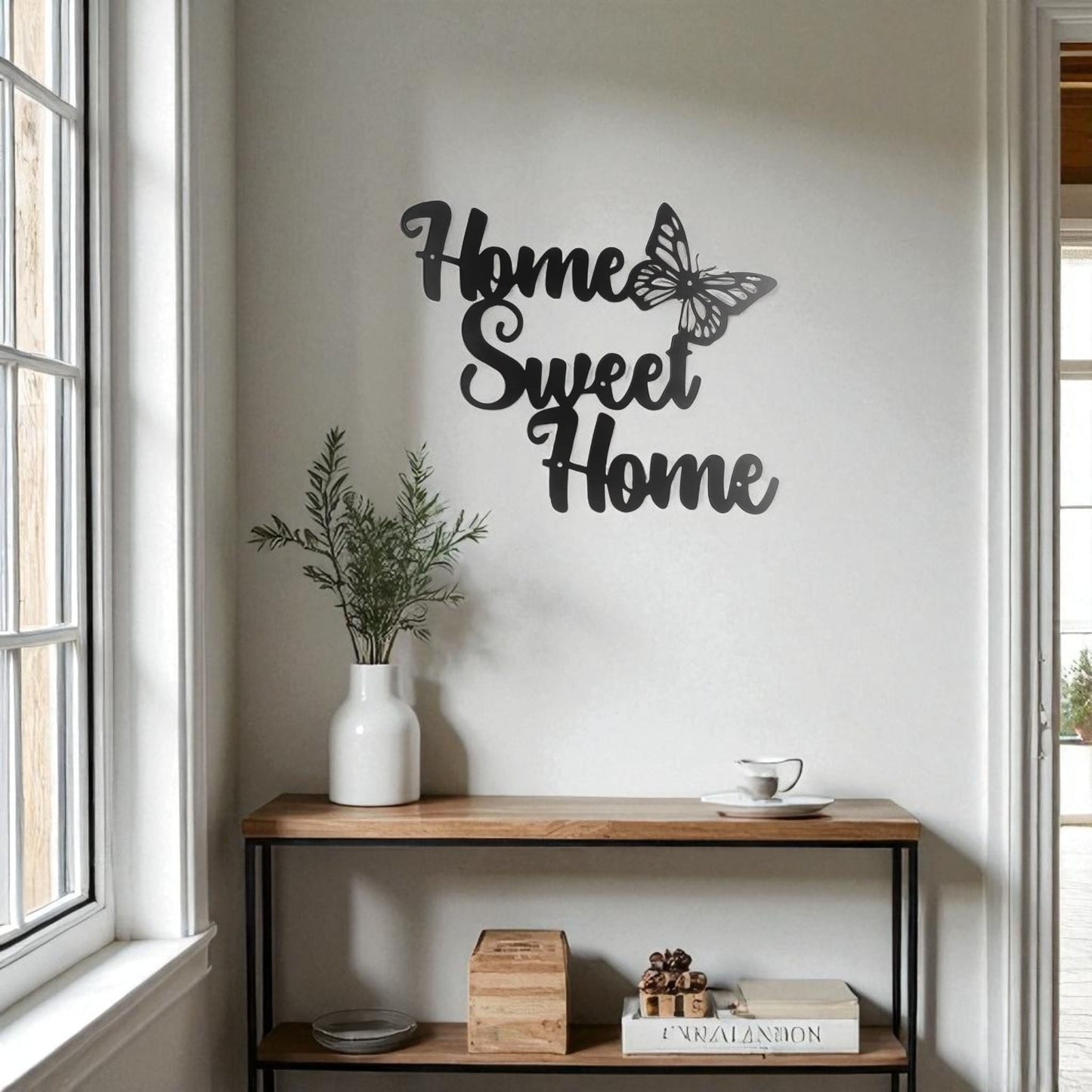 Home Sweet Home Metal Wall Art – Rustic Butterfly Design
