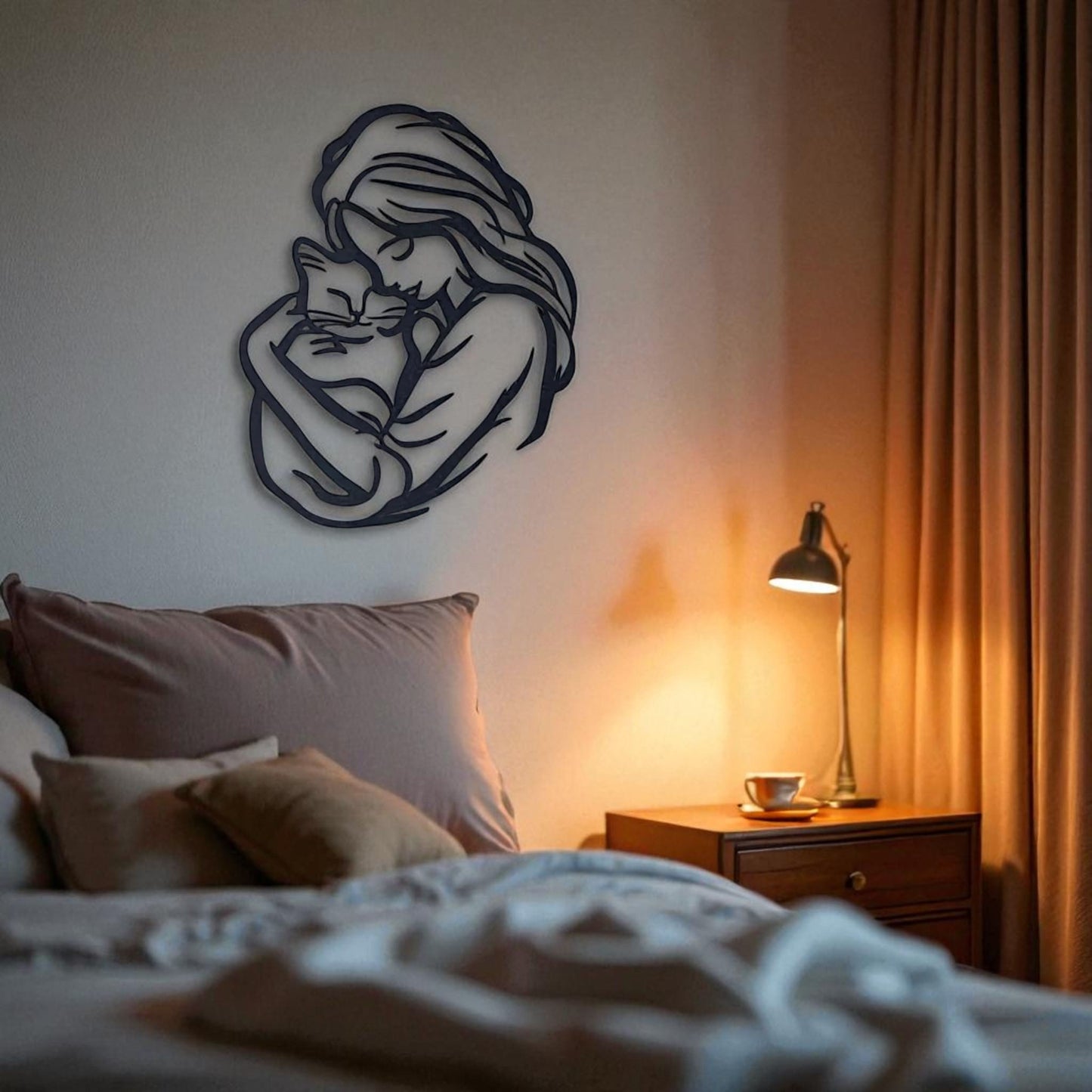 Cat Lover Metal Wall Art – Woman Hugging Cat Silhouette