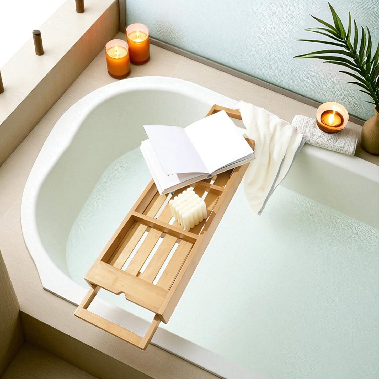 Bamboo bathtub caddy tray – adjustable spa shelf for wine & tablet Geniogoods