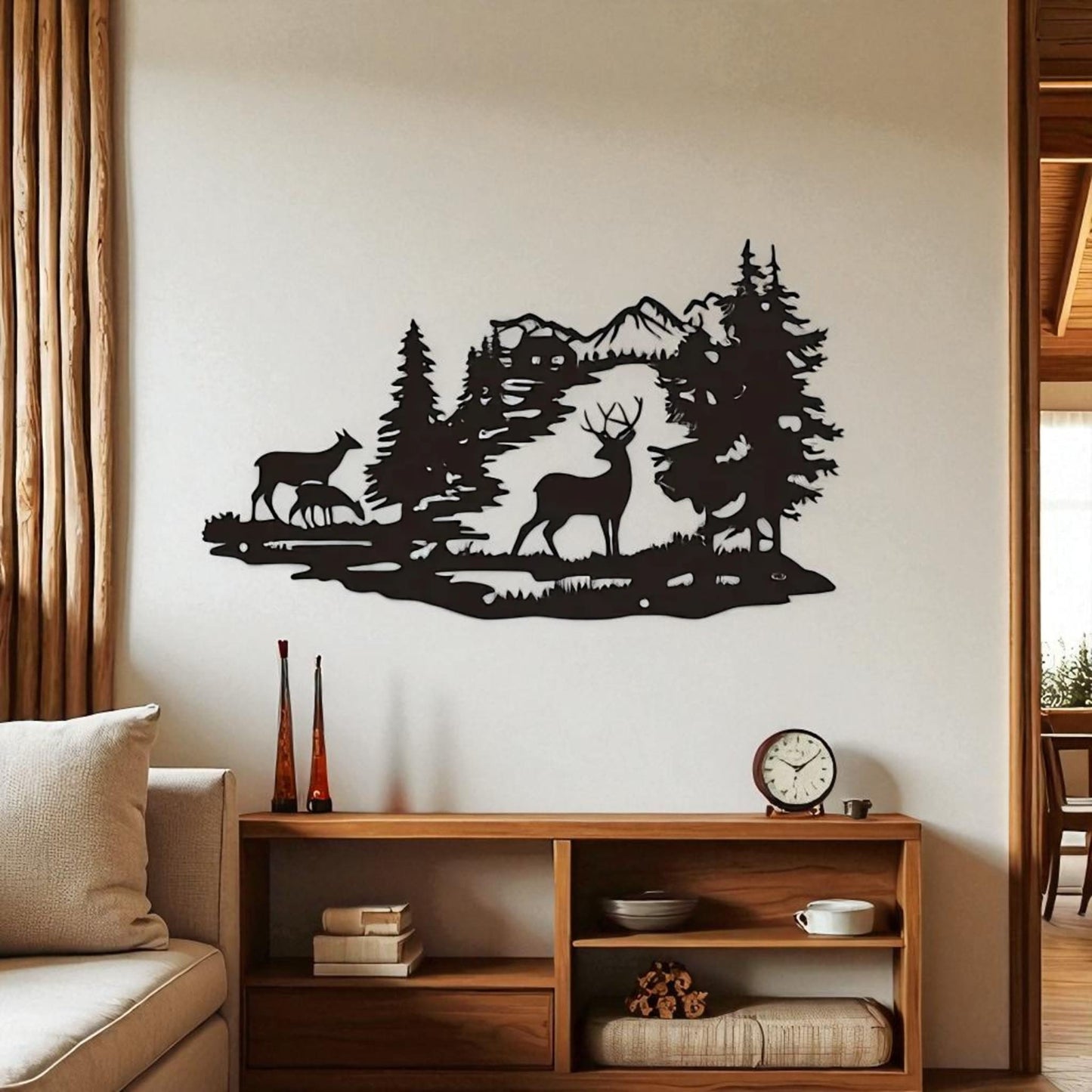 Deer Forest Silhouette Metal Wall Art – Rustic Cabin Home Decor