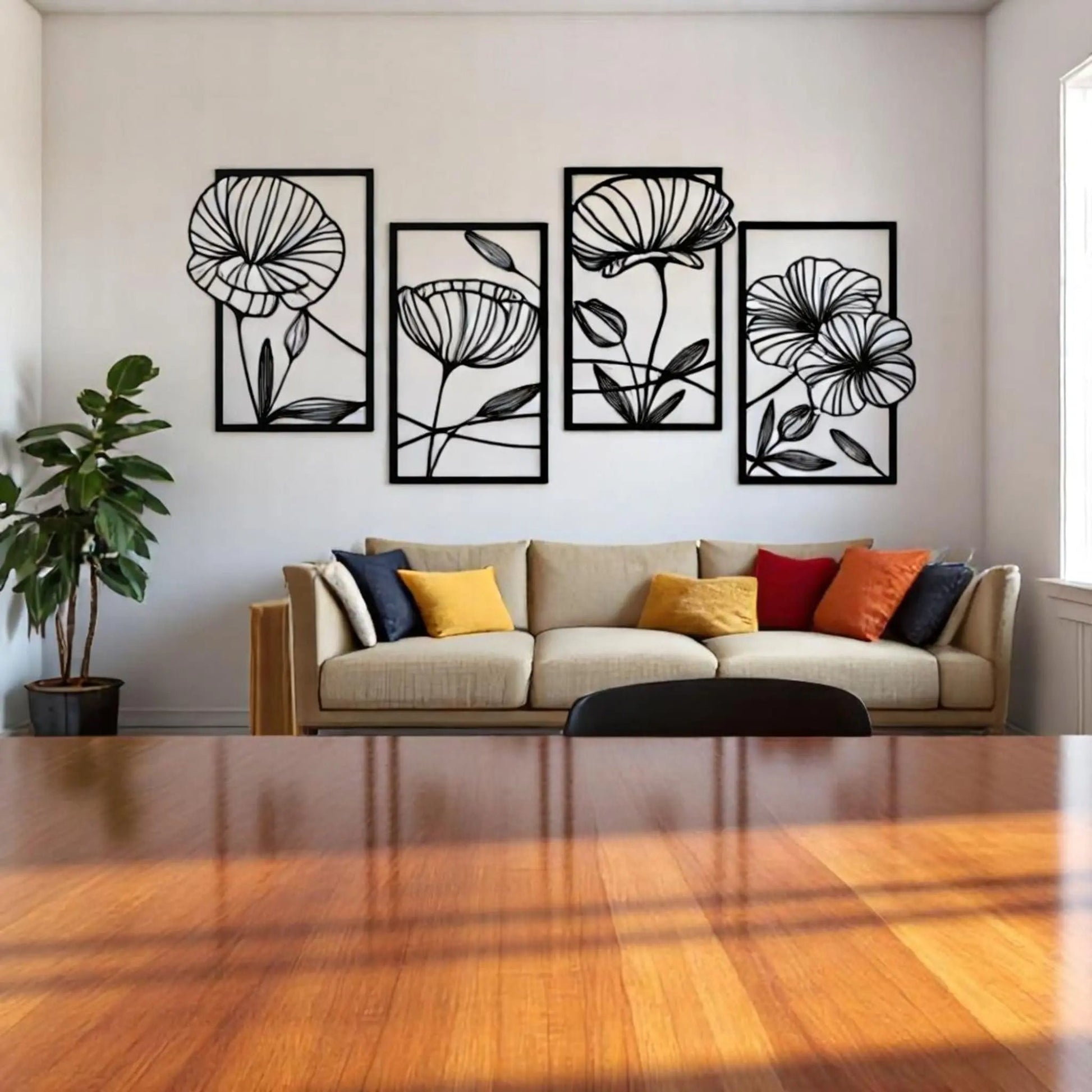 4-Piece Metal Lotus Wall Art – Minimalist Floral Line Decor Set  Geniogoods