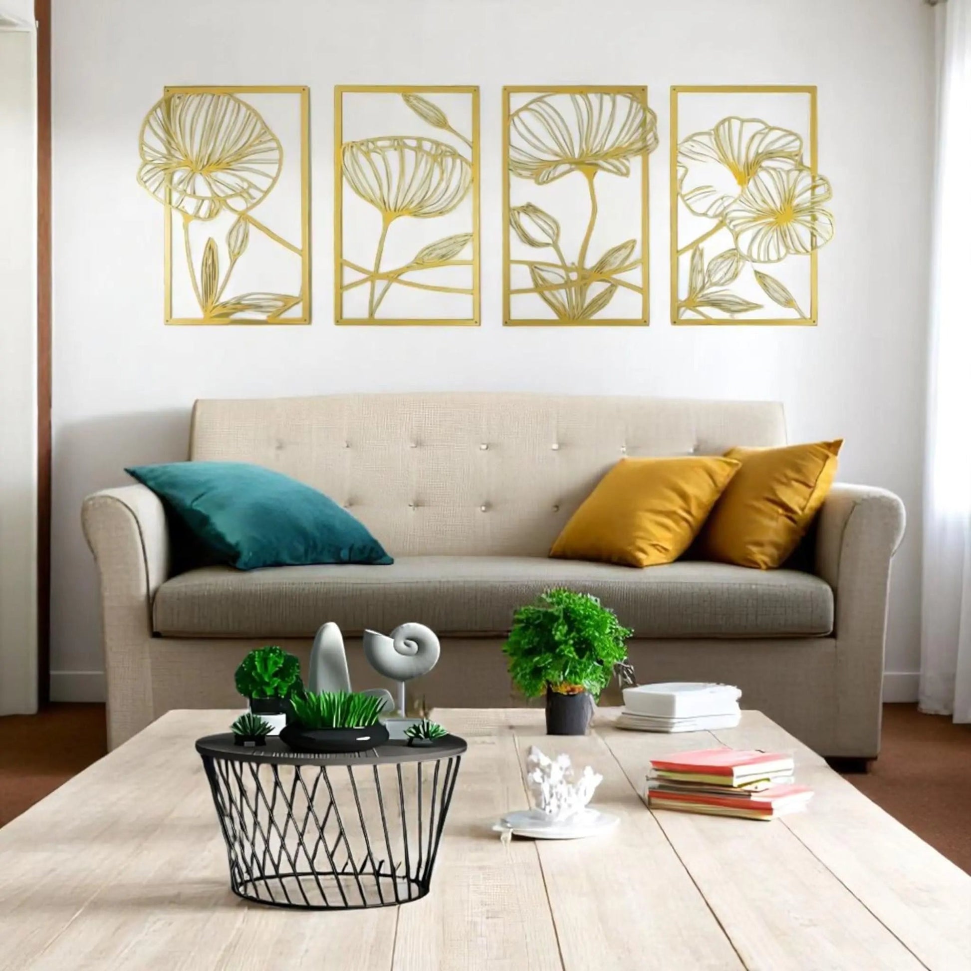 4-Piece Metal Lotus Wall Art – Minimalist Floral Line Decor Set  Geniogoods