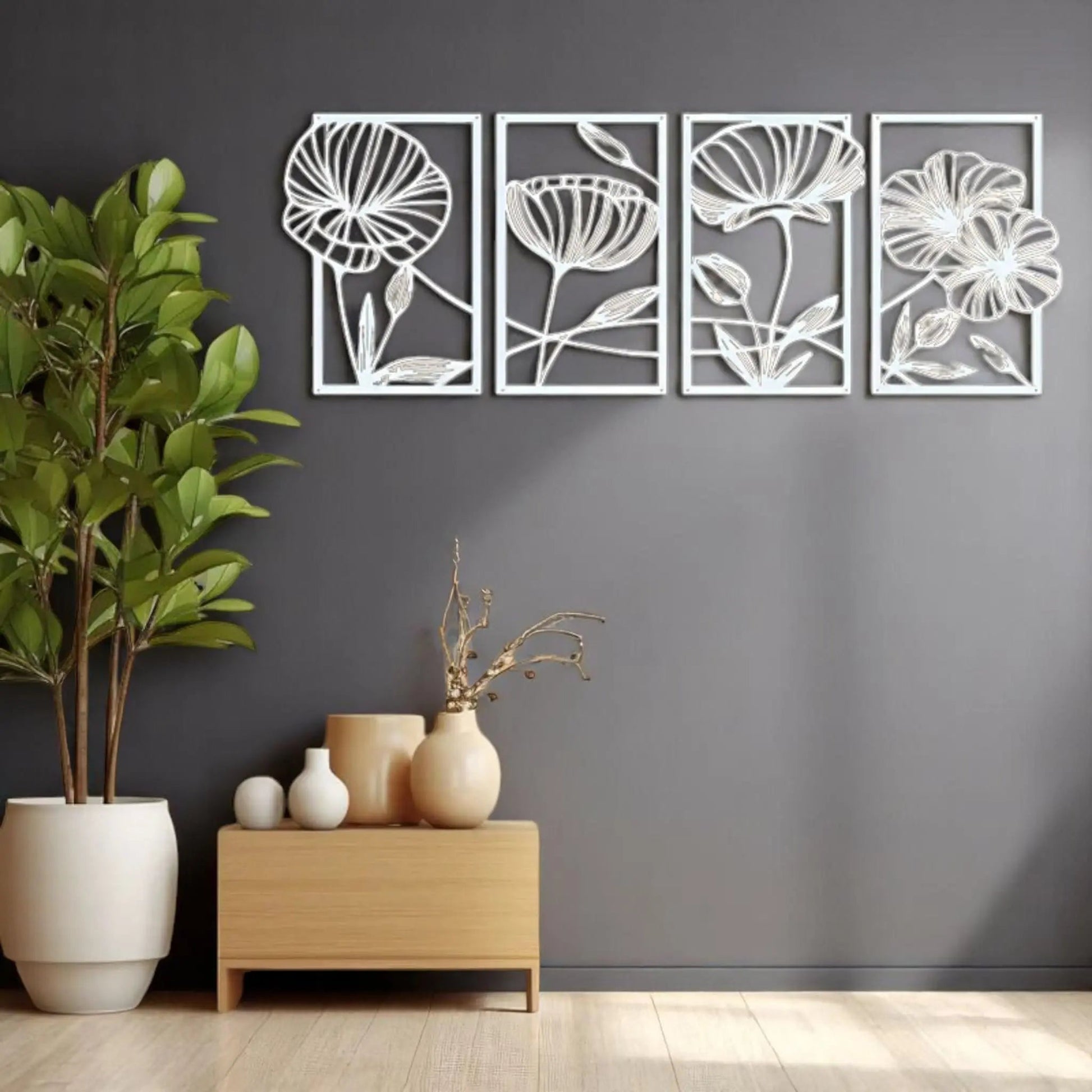 4-Piece Metal Lotus Wall Art – Minimalist Floral Line Decor Set  Geniogoods