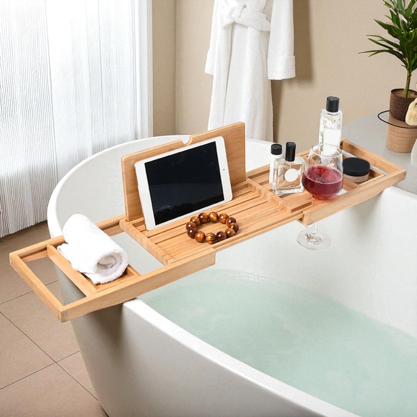 Bamboo bathtub caddy tray – adjustable spa shelf for wine & tablet Geniogoods