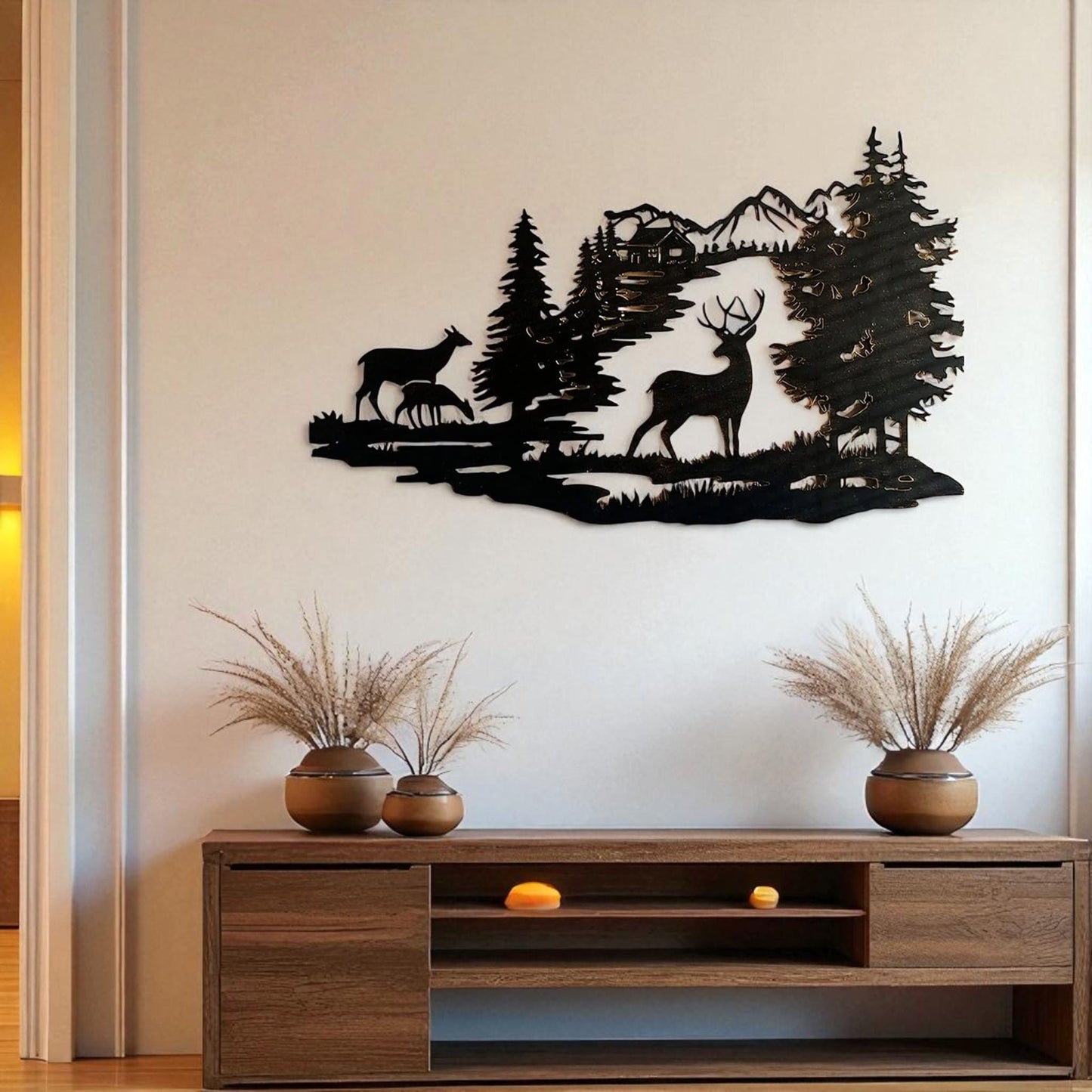 Deer Forest Silhouette Metal Wall Art – Rustic Cabin Home Decor