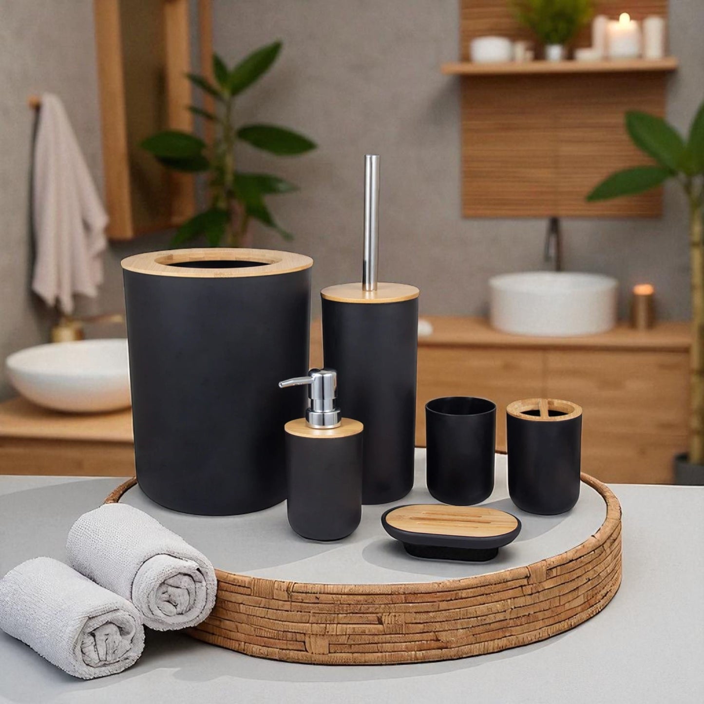 Bathroom accessories set 6-piece – bamboo minimalist decor - Geniogoods