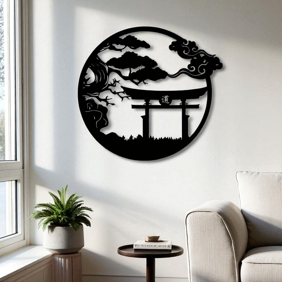 Torii Gate & Bonsai Tree Metal Wall Art – Japanese Samurai Decor