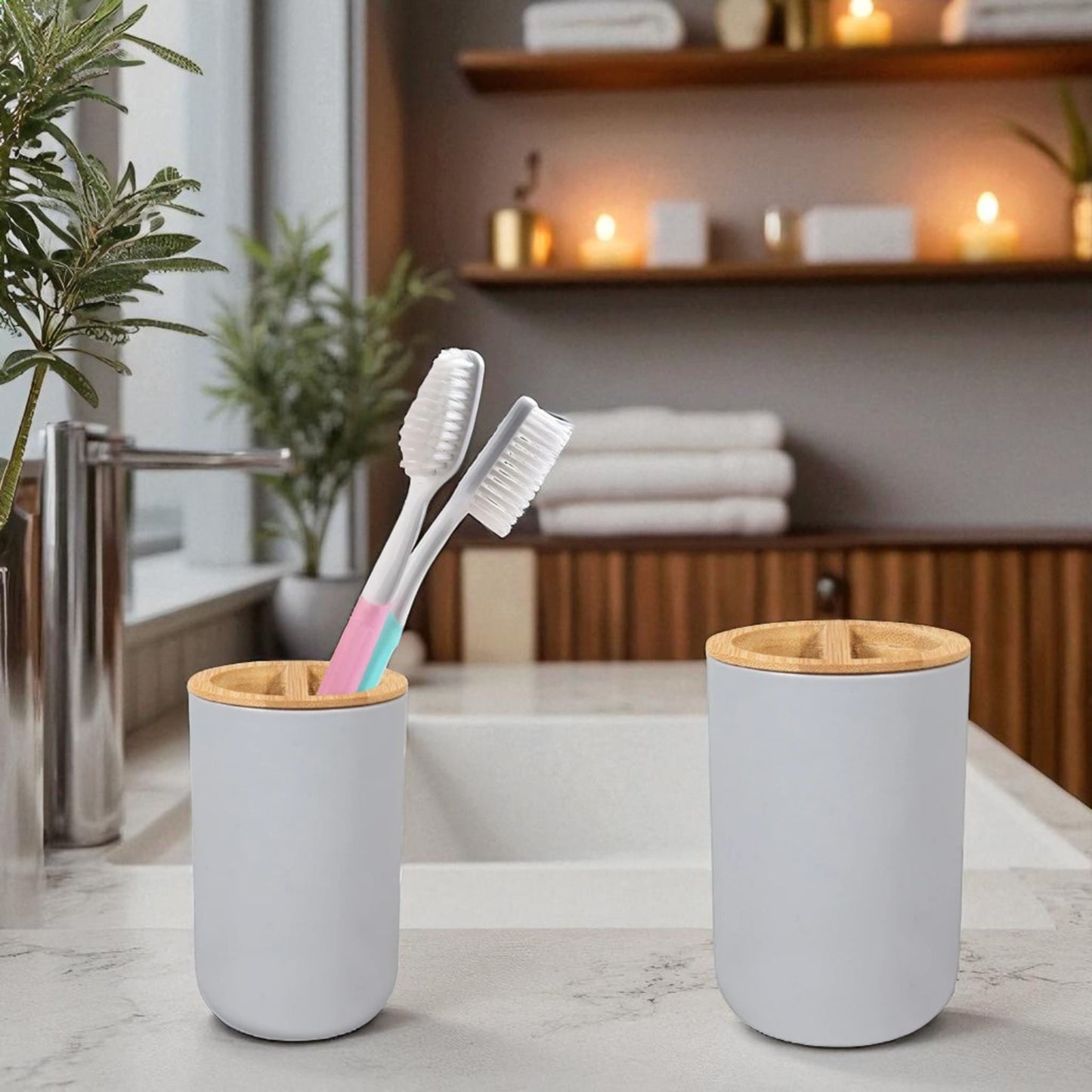 Bathroom accessories set 6-piece – bamboo minimalist decor - Geniogoods