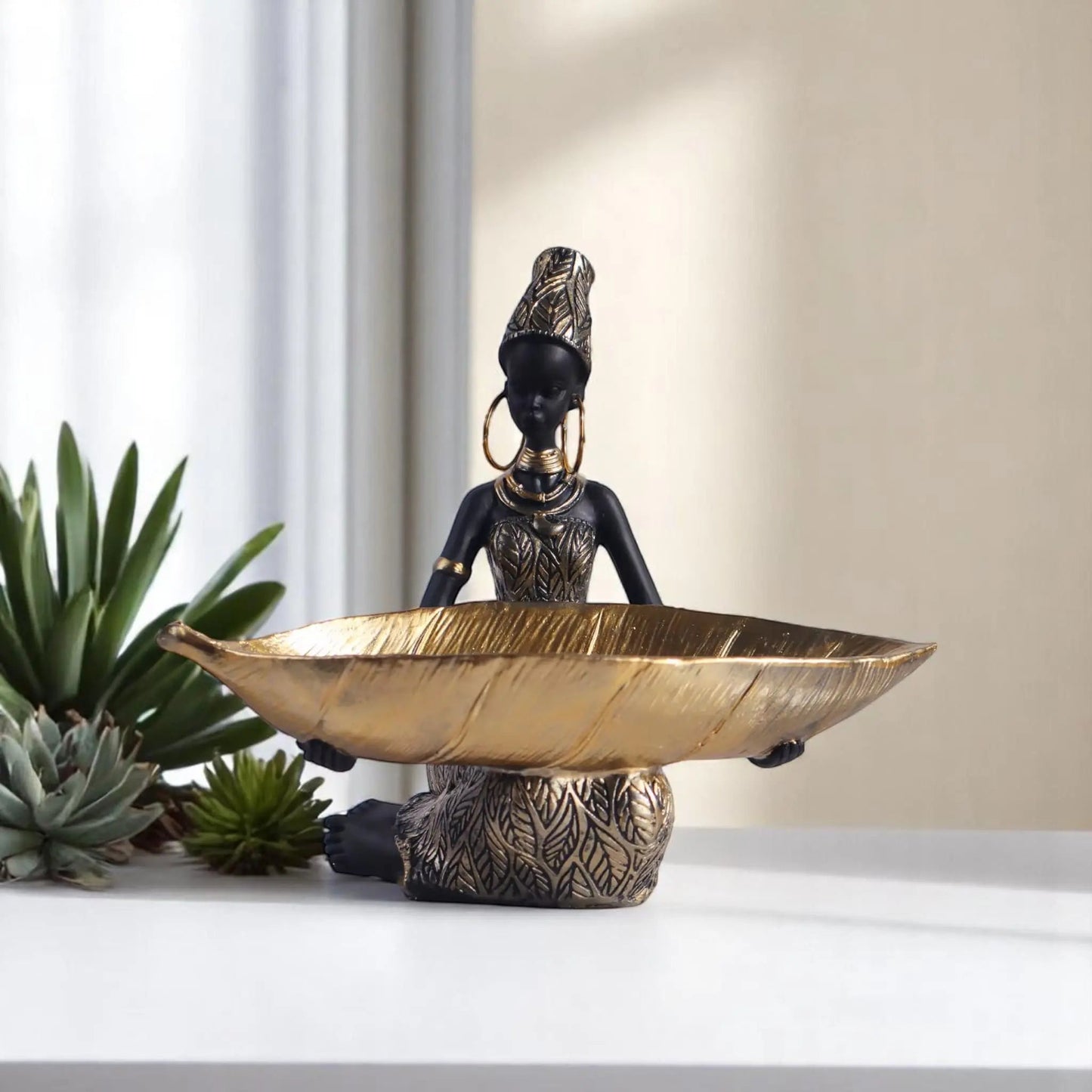 African Girl Sculpture with Golden Plate – Decorative Resin Storage Art Geniogoods