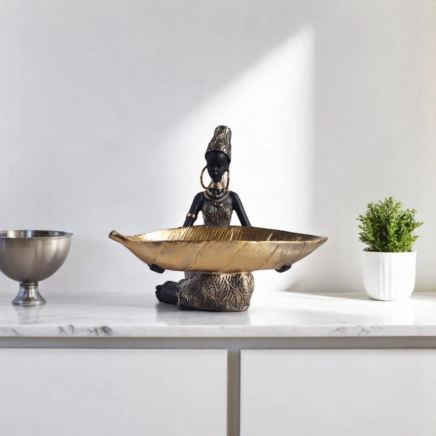 African Girl Sculpture with Golden Plate – Decorative Resin Storage Art Geniogoods