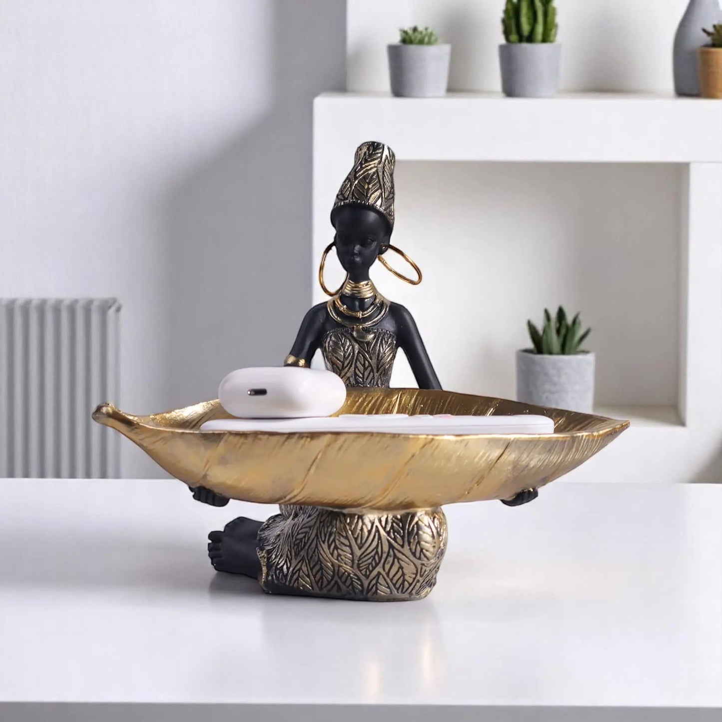 African Girl Sculpture with Golden Plate – Decorative Resin Storage Art Geniogoods