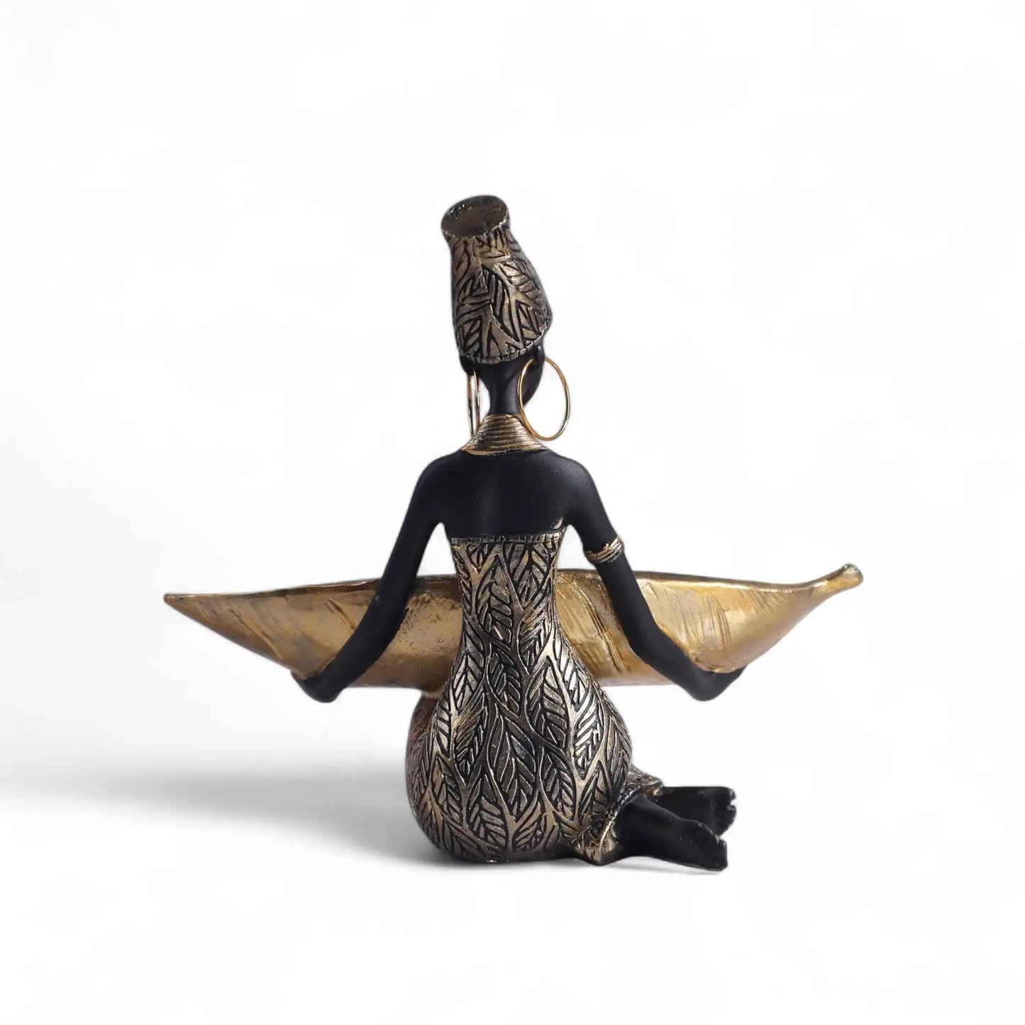 African Girl Sculpture with Golden Plate – Decorative Resin Storage Art Geniogoods