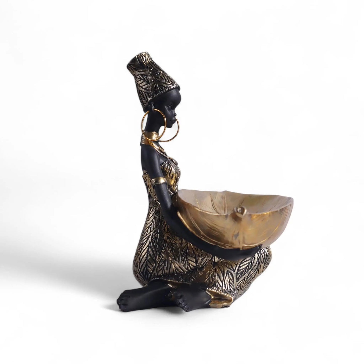 African Girl Sculpture with Golden Plate – Decorative Resin Storage Art Geniogoods
