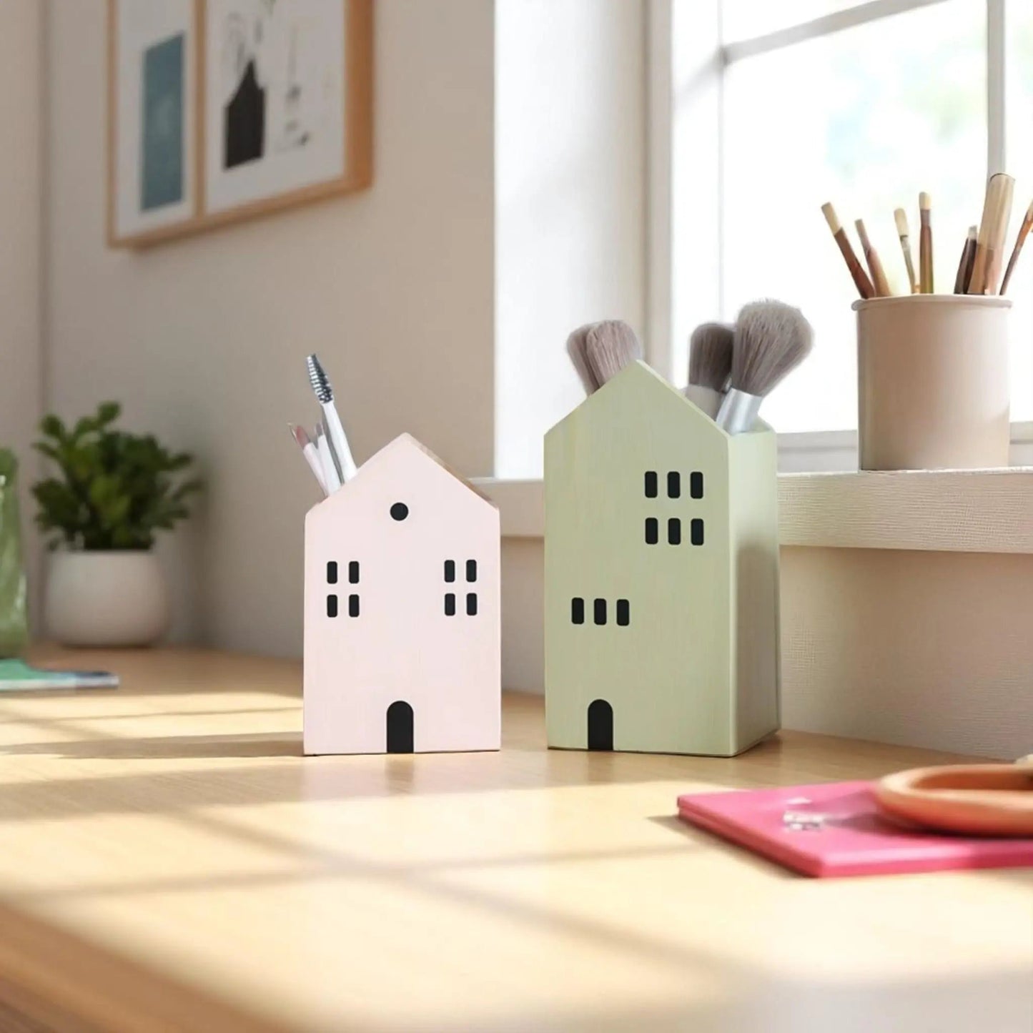 Cartoon house pencil holder – cute wooden pen & brush organizer Geniogoods