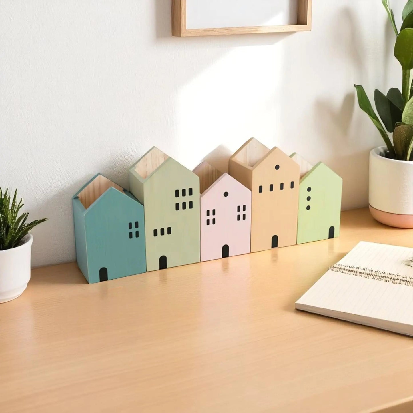 Cartoon house pencil holder – cute wooden pen & brush organizer Geniogoods