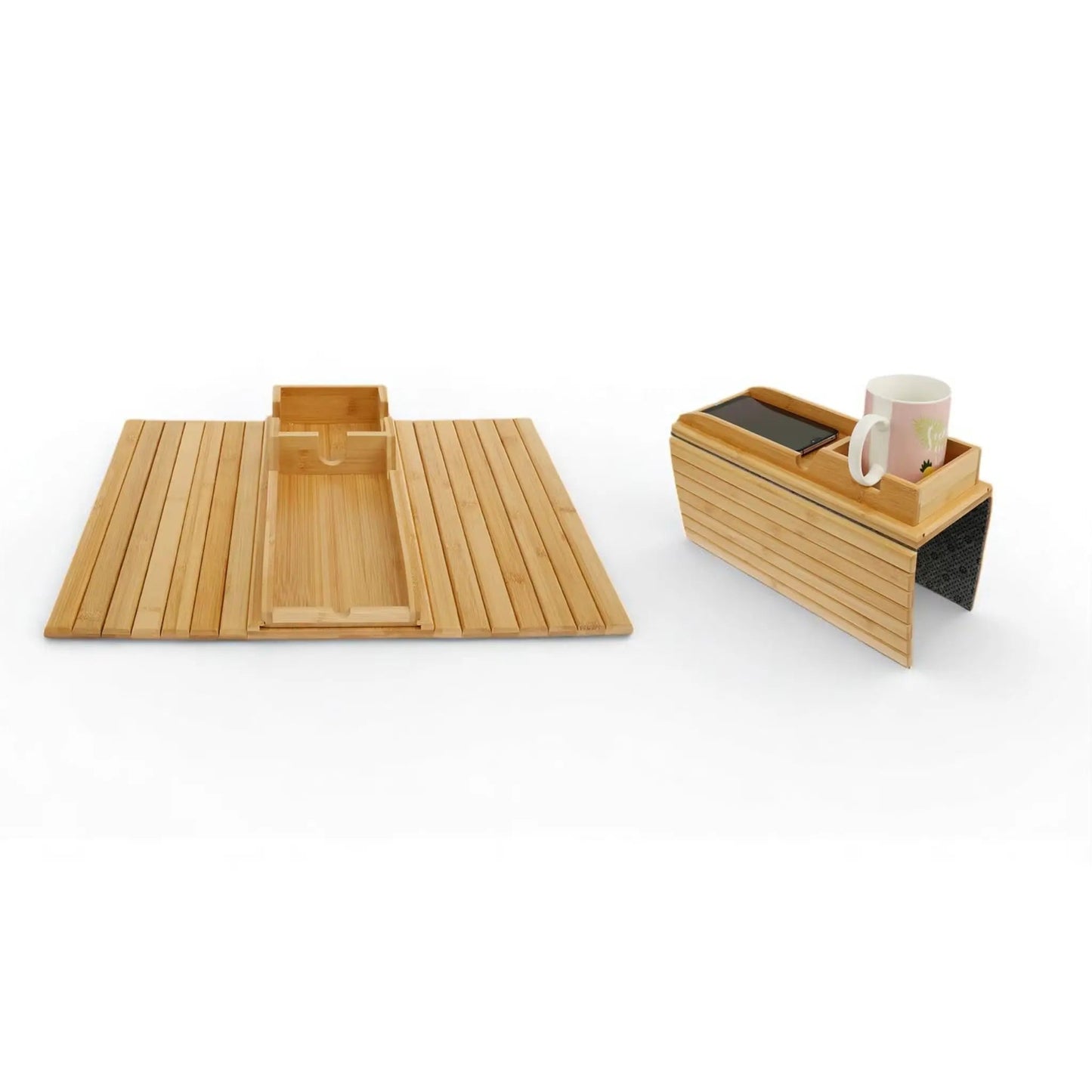 Couch cup holder bamboo tray – foldable sofa armrest tray with non-slip pad Geniogoods