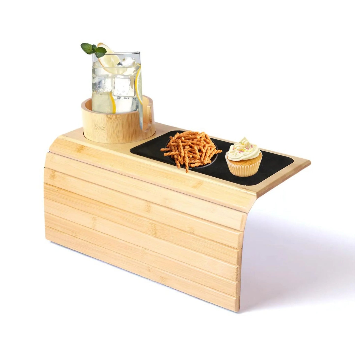 Couch cup holder bamboo tray – foldable sofa armrest tray with non-slip pad Geniogoods