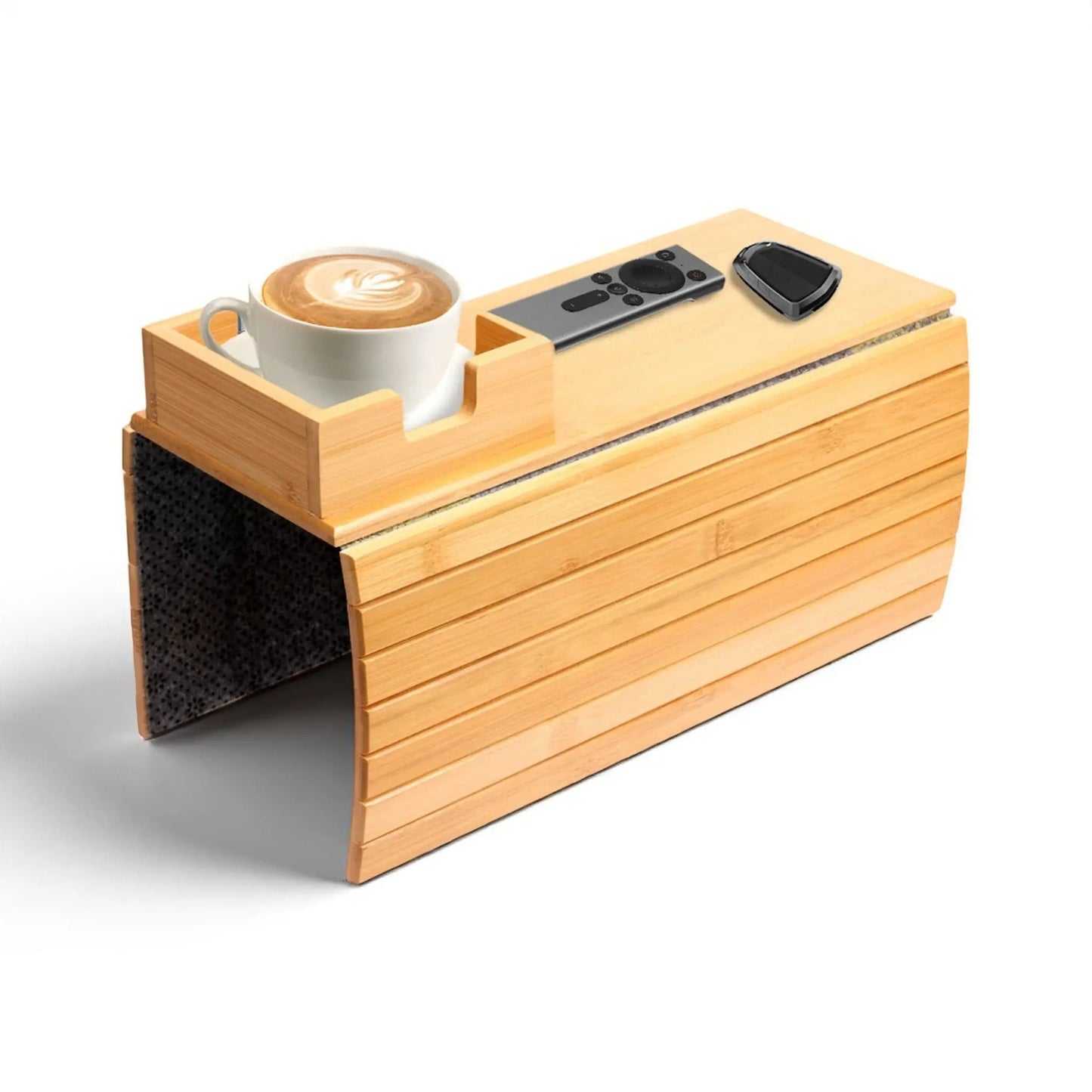 Couch cup holder bamboo tray – foldable sofa armrest tray with non-slip pad Geniogoods