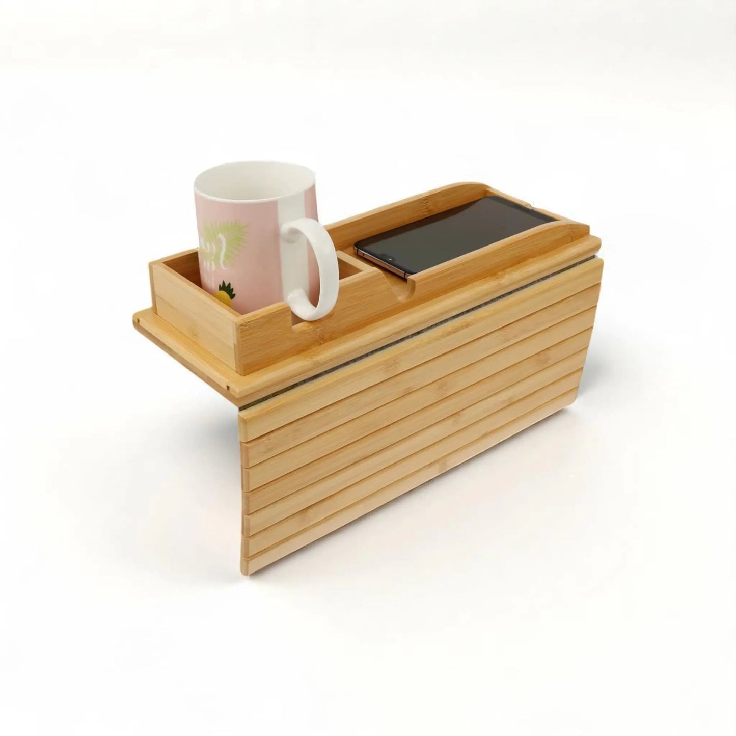 Couch cup holder bamboo tray – foldable sofa armrest tray with non-slip pad Geniogoods