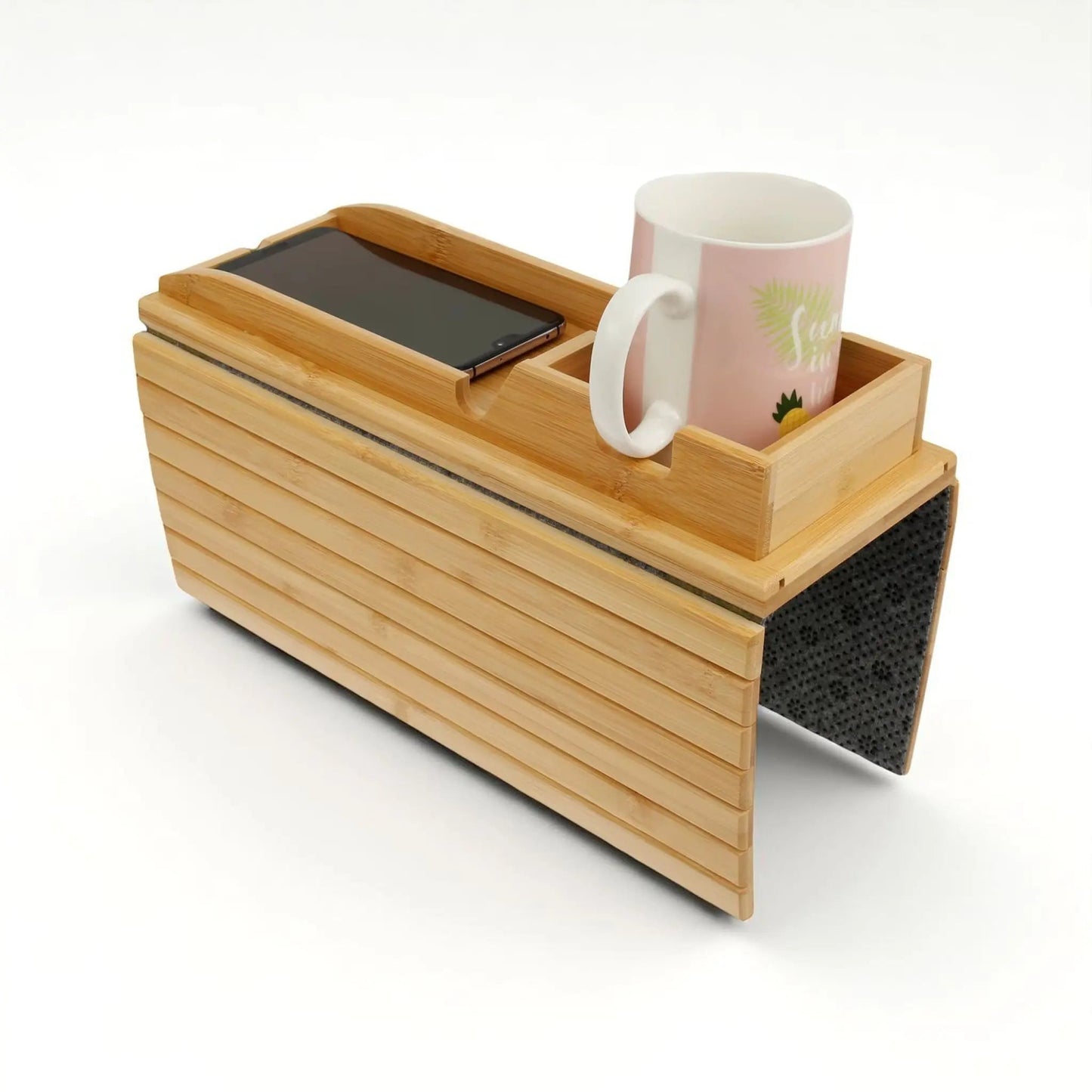 Couch cup holder bamboo tray – foldable sofa armrest tray with non-slip pad Geniogoods
