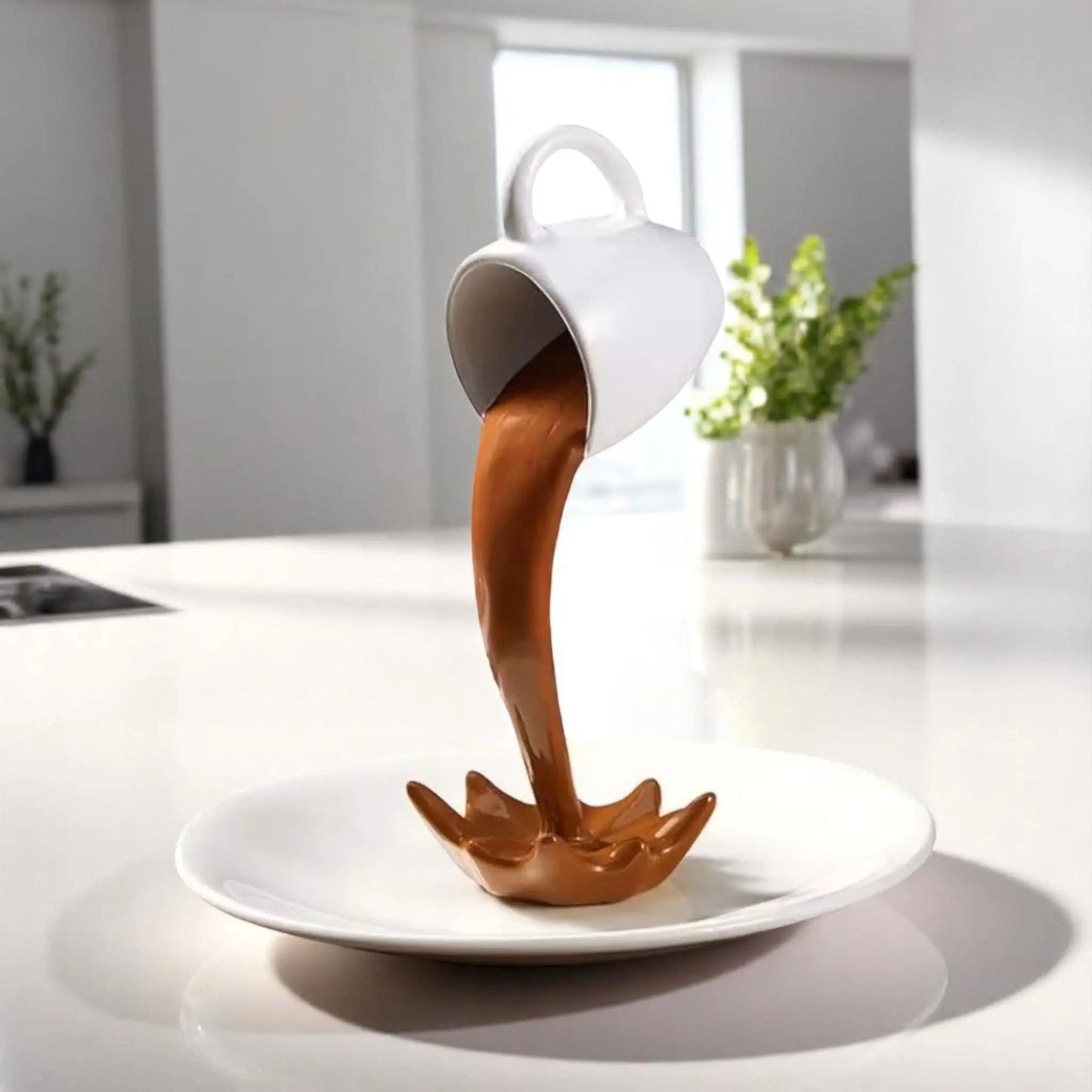 Floating Spilling Coffee Cup Sculpture – Gravity-Defying Coffee Decor Geniogoods
