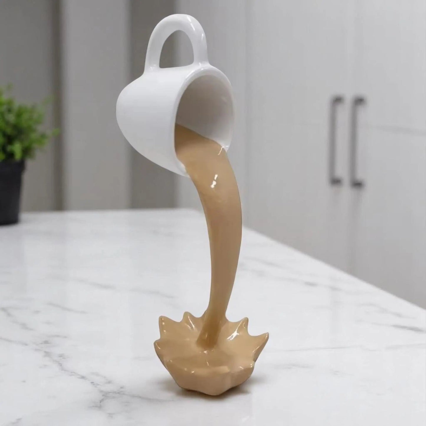 Floating Spilling Coffee Cup Sculpture – Gravity-Defying Coffee Decor Geniogoods
