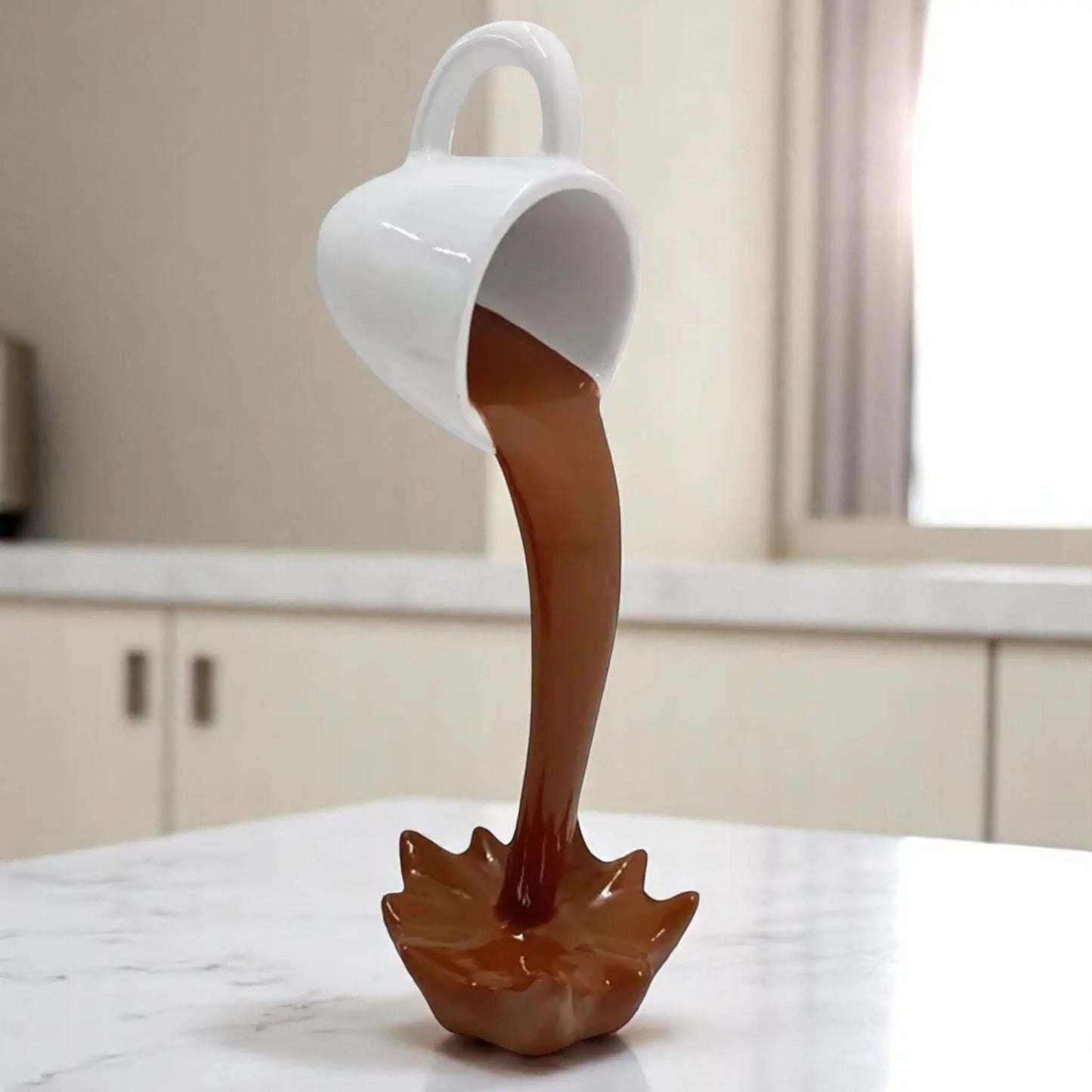 Floating Spilling Coffee Cup Sculpture – Gravity-Defying Coffee Decor Geniogoods
