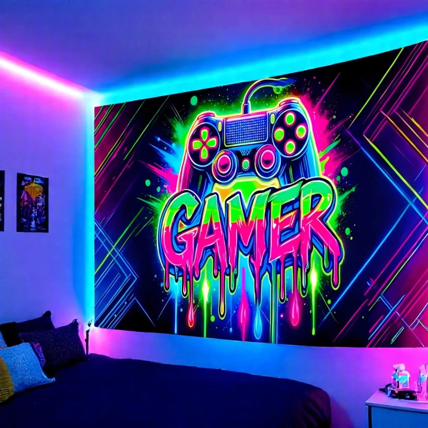 Fluorescent Gaming Wall Tapestry – UV Reactive Gamer Decor Geniogoods