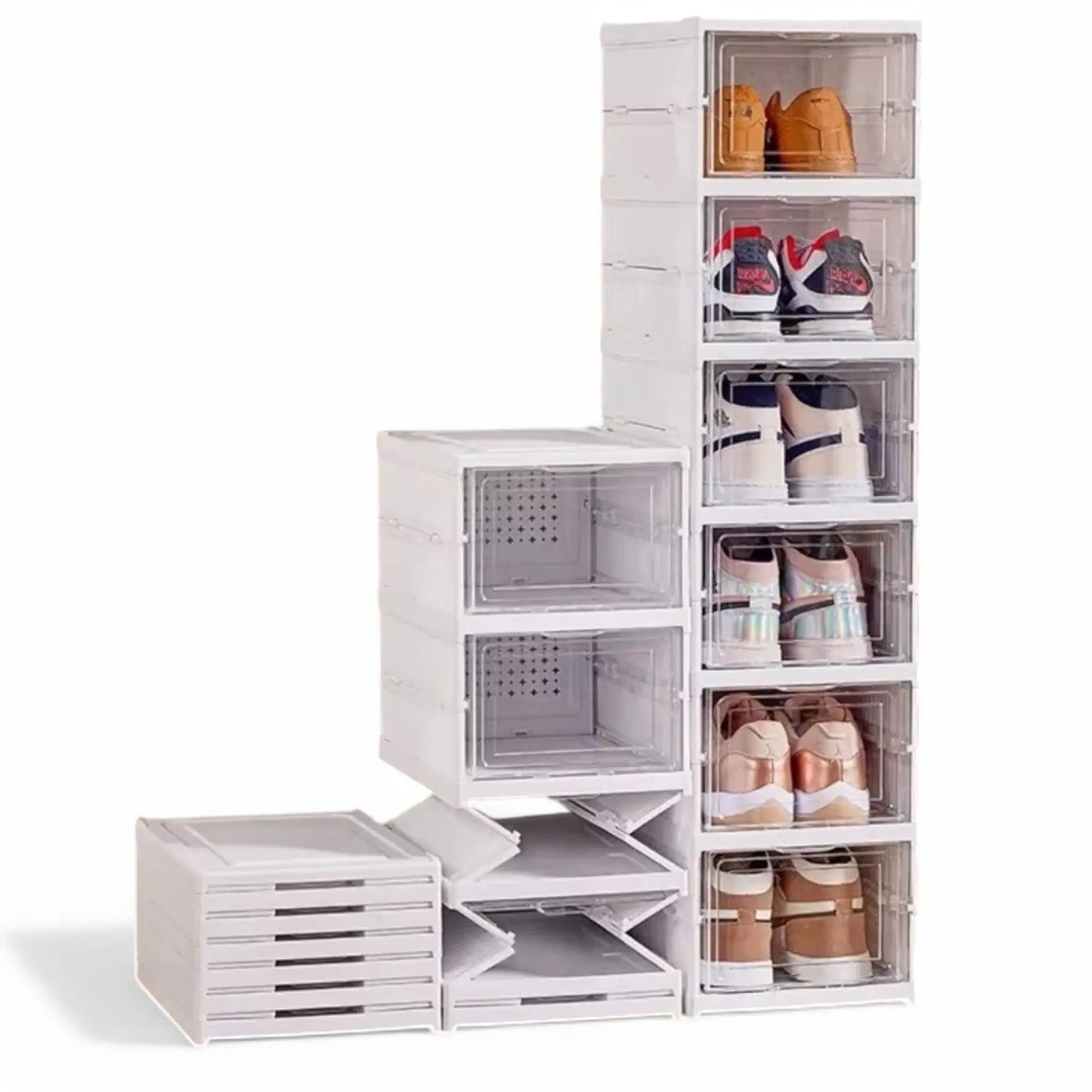 Foldable Stackable Shoe Box Organizer – Transparent, Dustproof & Modular Design Geniogoods