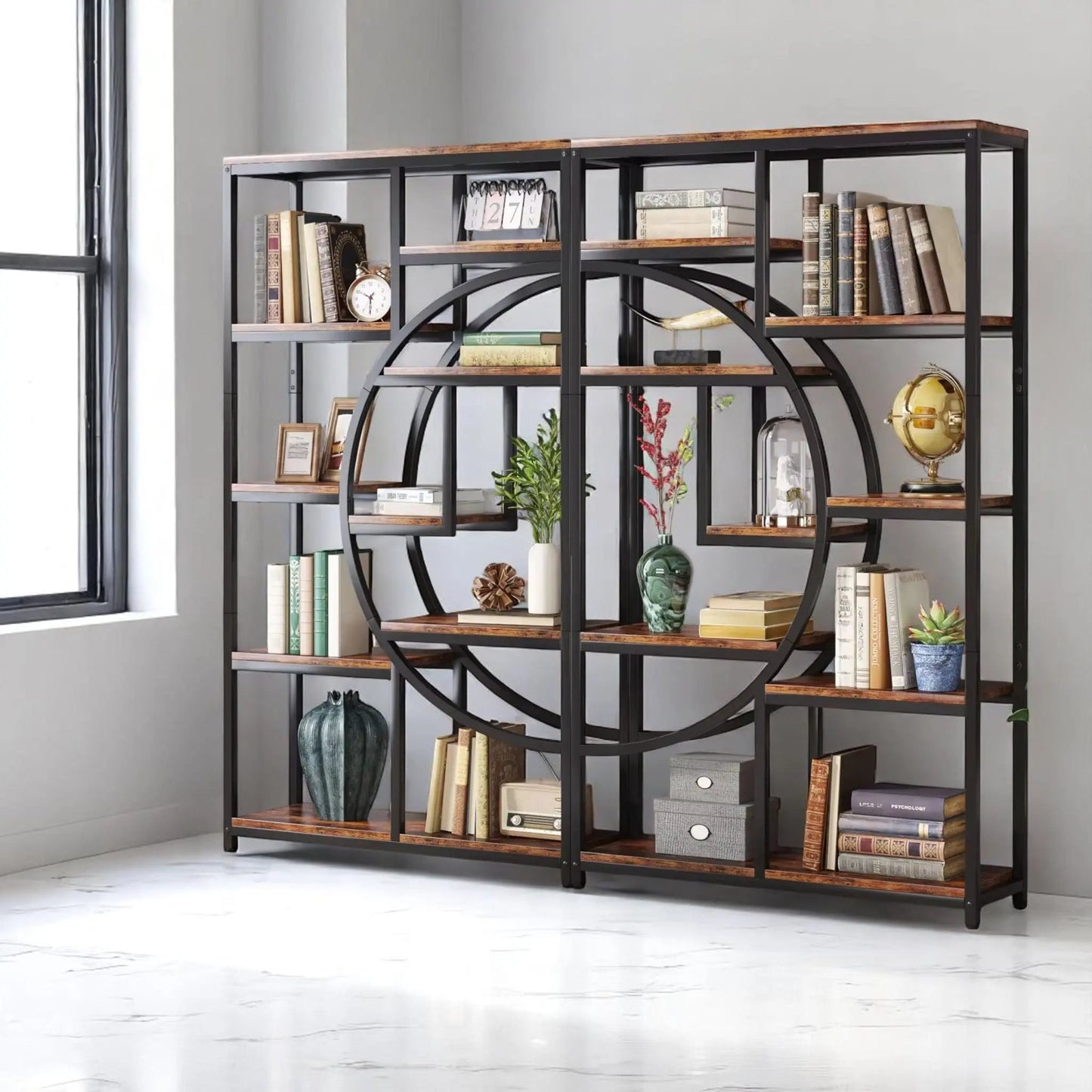 Industrial Geometric Bookshelf – 5 Tier Freestanding Display Shelf Geniogoods