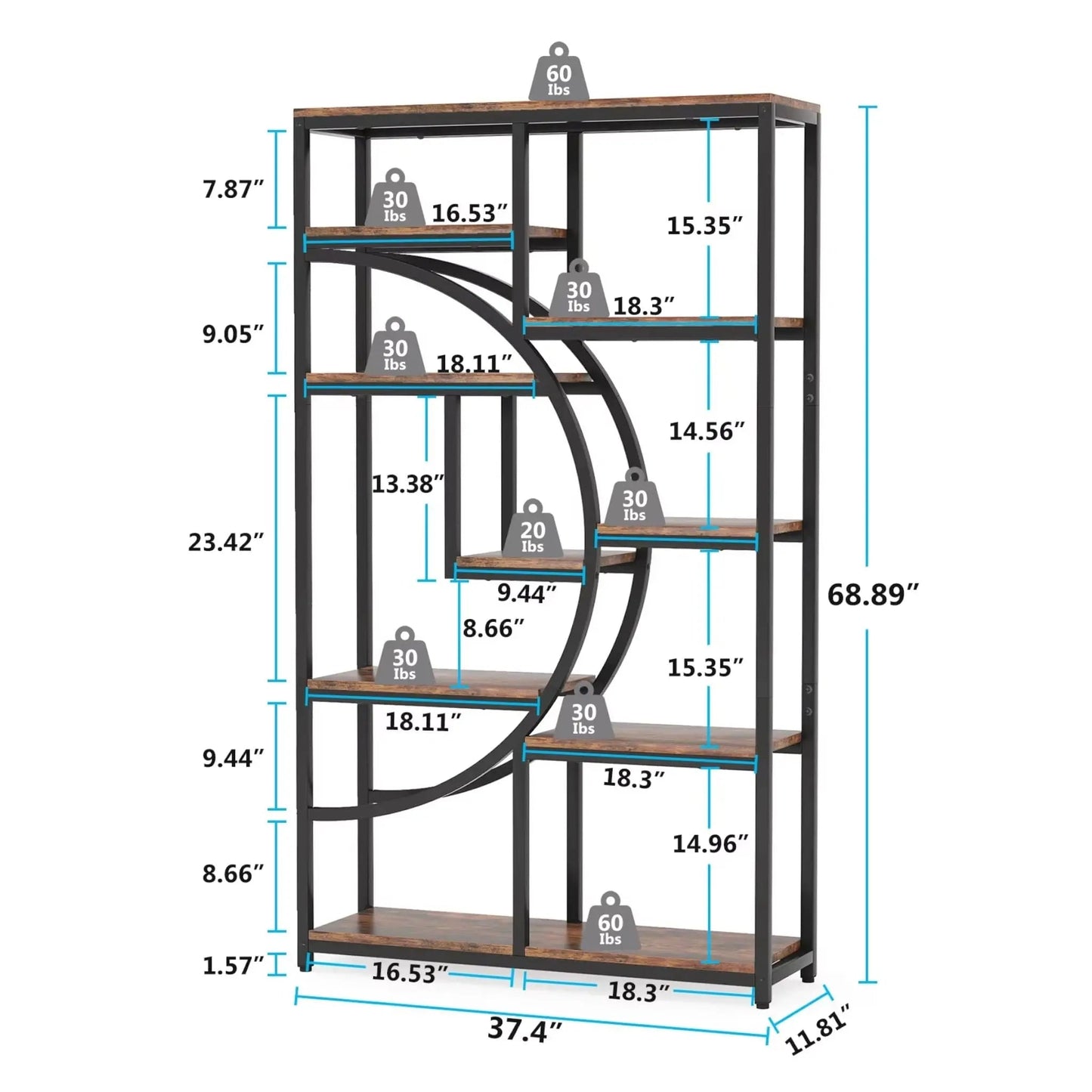 Industrial Geometric Bookshelf – 5 Tier Freestanding Display Shelf Geniogoods