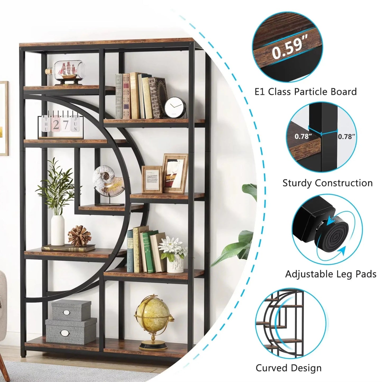Industrial Geometric Bookshelf – 5 Tier Freestanding Display Shelf Geniogoods