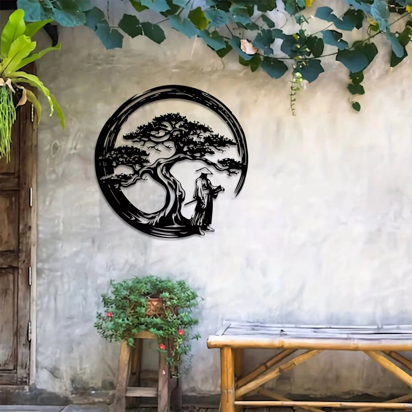 Japanese Bonsai Tree Wall Art – Zen Metal Decor 15.7x15.7in Geniogoods