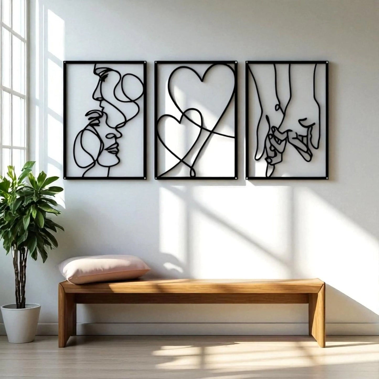 Love line wall art – 3-piece metal minimalist kiss & heart set Geniogoods