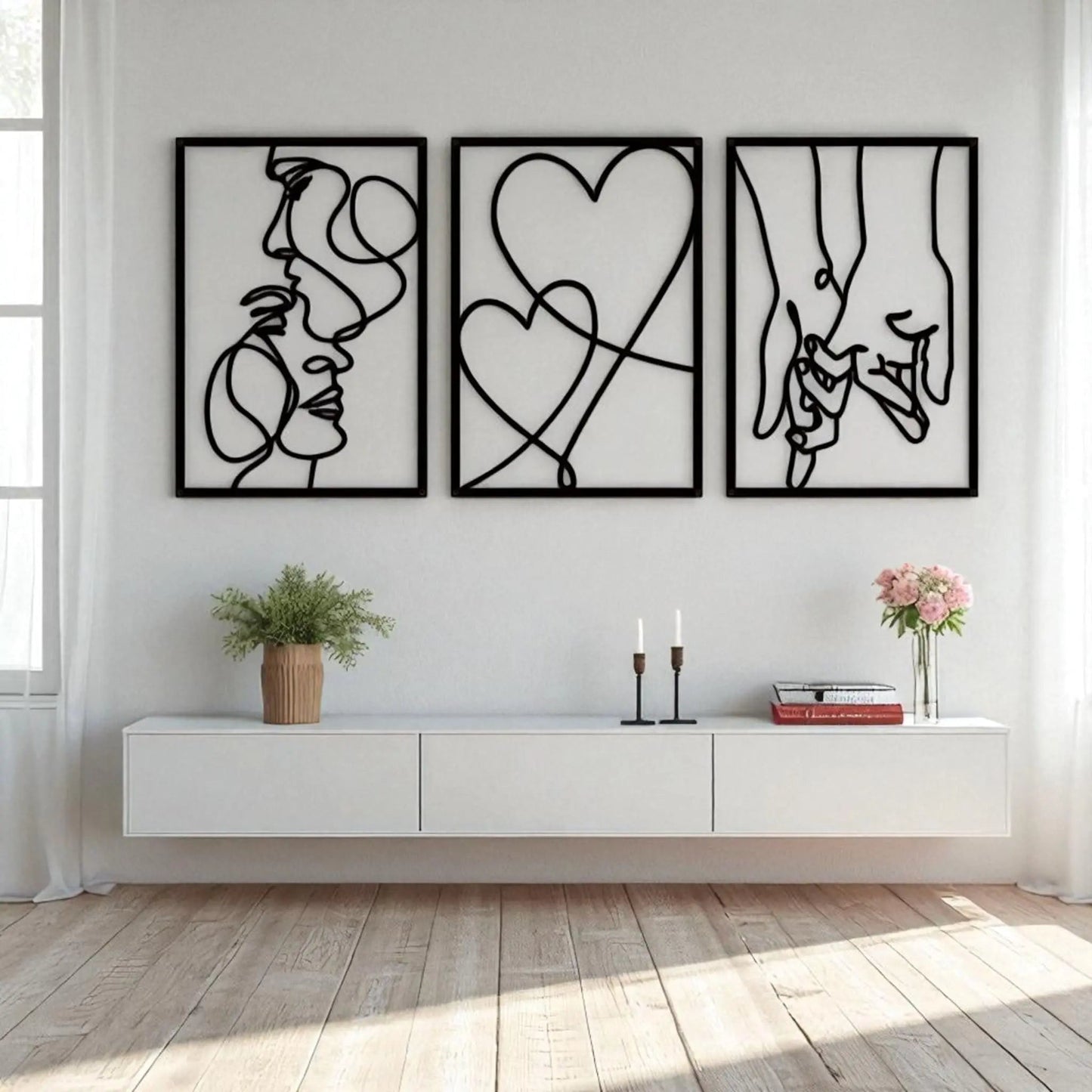 Love line wall art – 3-piece metal minimalist kiss & heart set Geniogoods