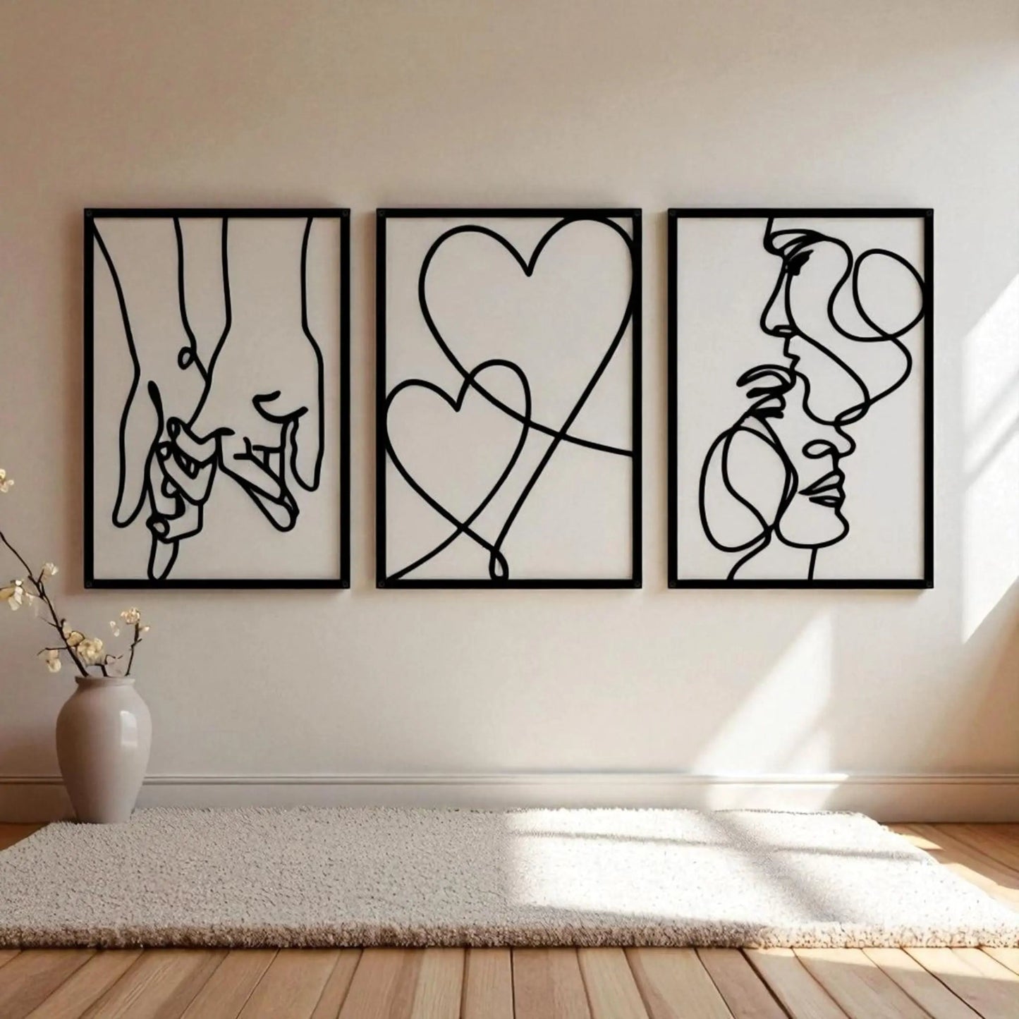 Love line wall art – 3-piece metal minimalist kiss & heart set Geniogoods