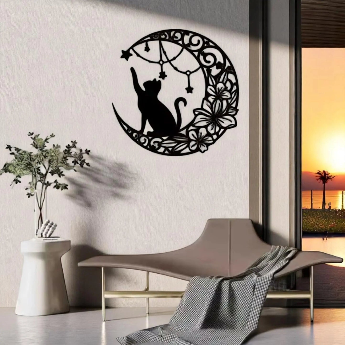 Moon Black Cat Wall Art – Iron Silhouette Hanging for Home & Garden Geniogoods