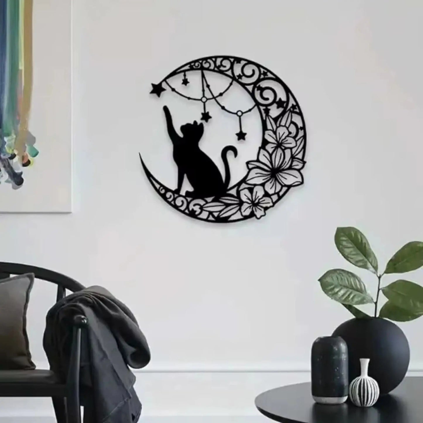 Moon Black Cat Wall Art – Iron Silhouette Hanging for Home & Garden Geniogoods
