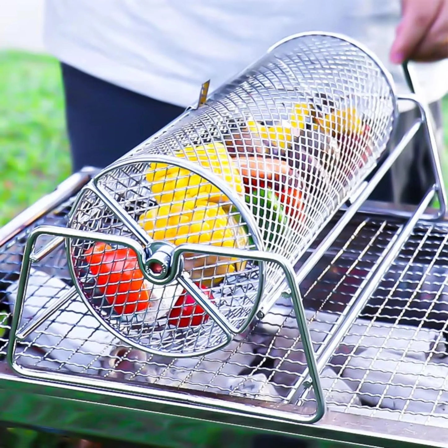 Rolling BBQ Grill Basket – Stainless Steel Rotisserie Roaster for Vegetables & Meat Geniogoods
