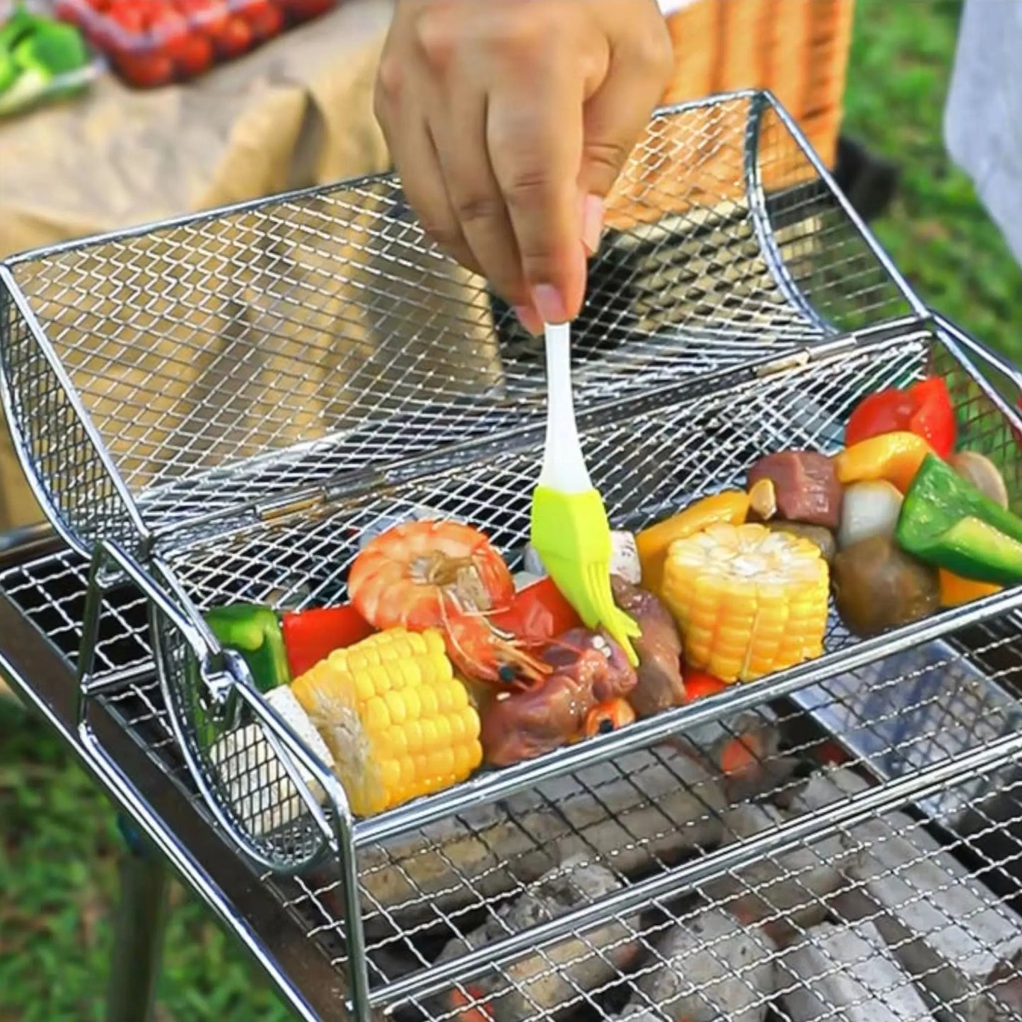 Rolling BBQ Grill Basket – Stainless Steel Rotisserie Roaster for Vegetables & Meat Geniogoods
