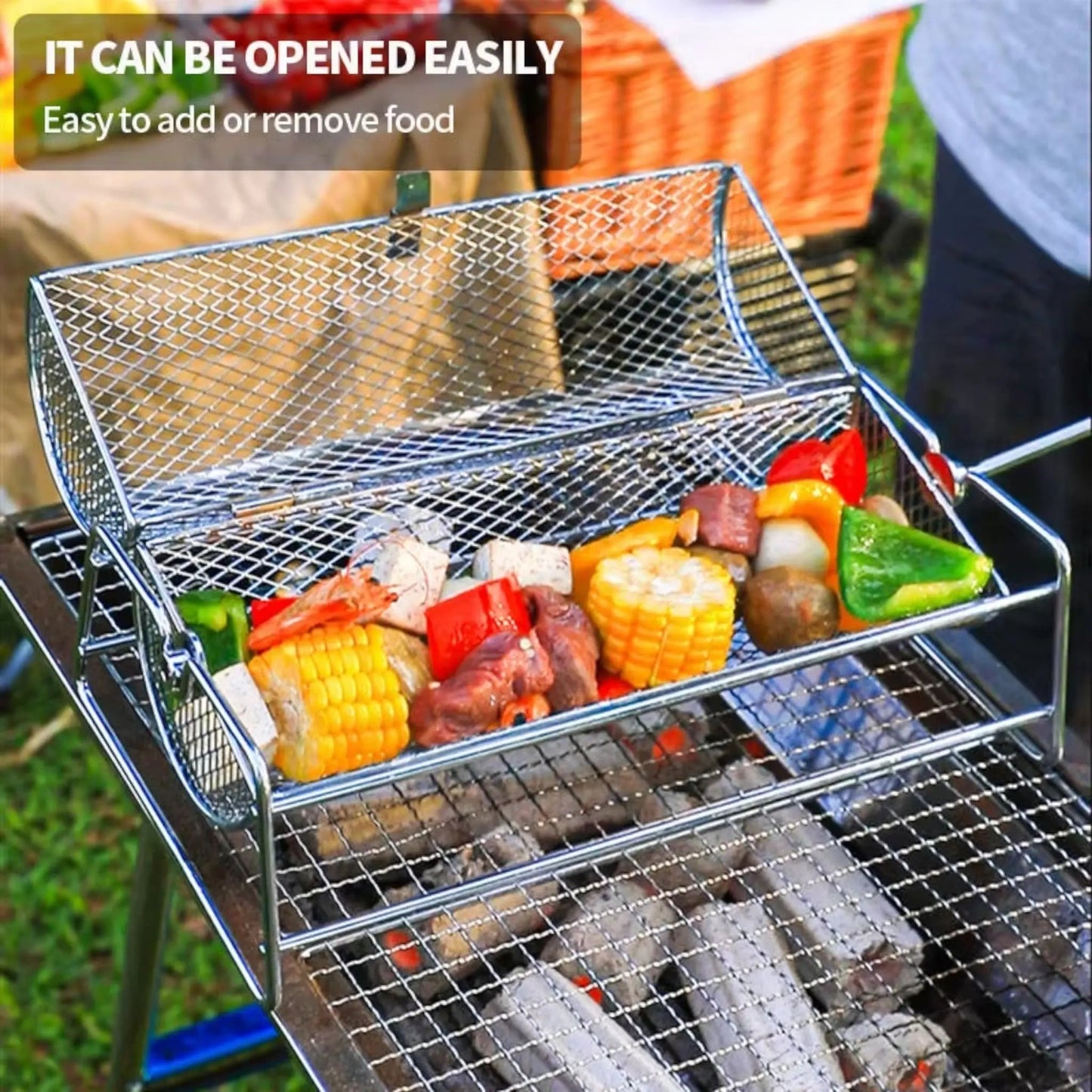 Rolling BBQ Grill Basket – Stainless Steel Rotisserie Roaster for Vegetables & Meat Geniogoods