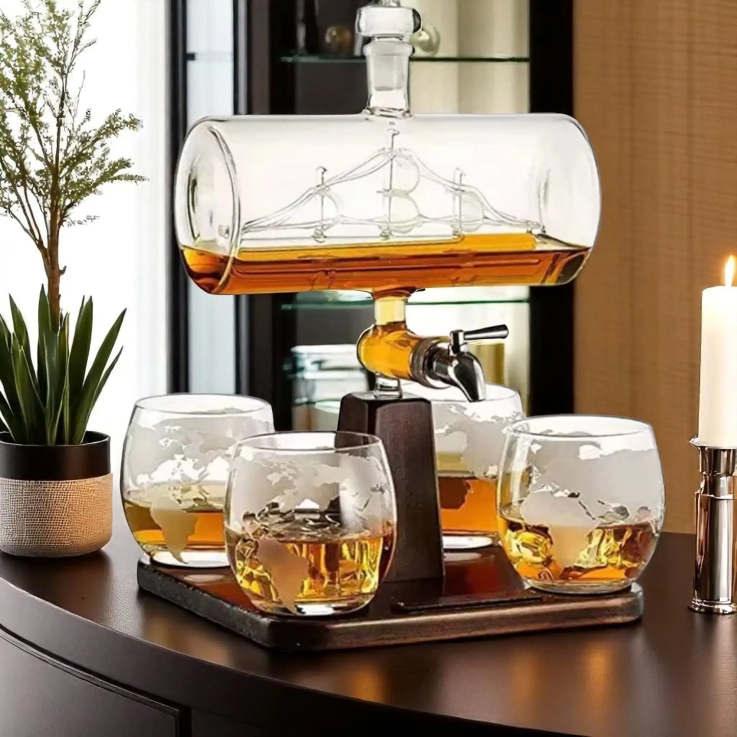 Ship Whiskey Decanter Set – Nautical Gift with Glasses & Base Geniogoods